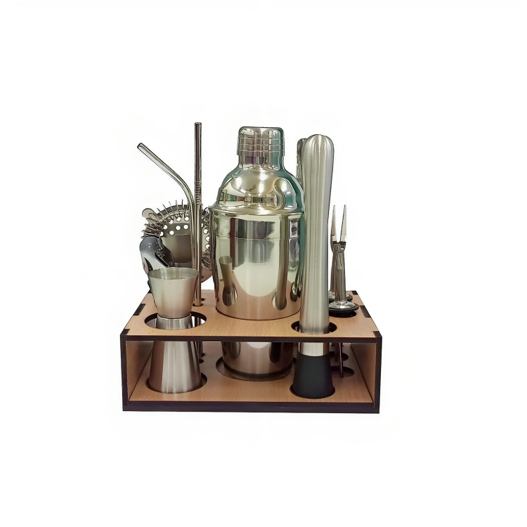 a bar set up on a wood stand