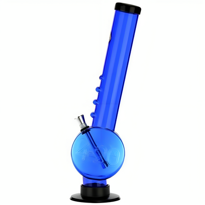 a blue bong with a black base