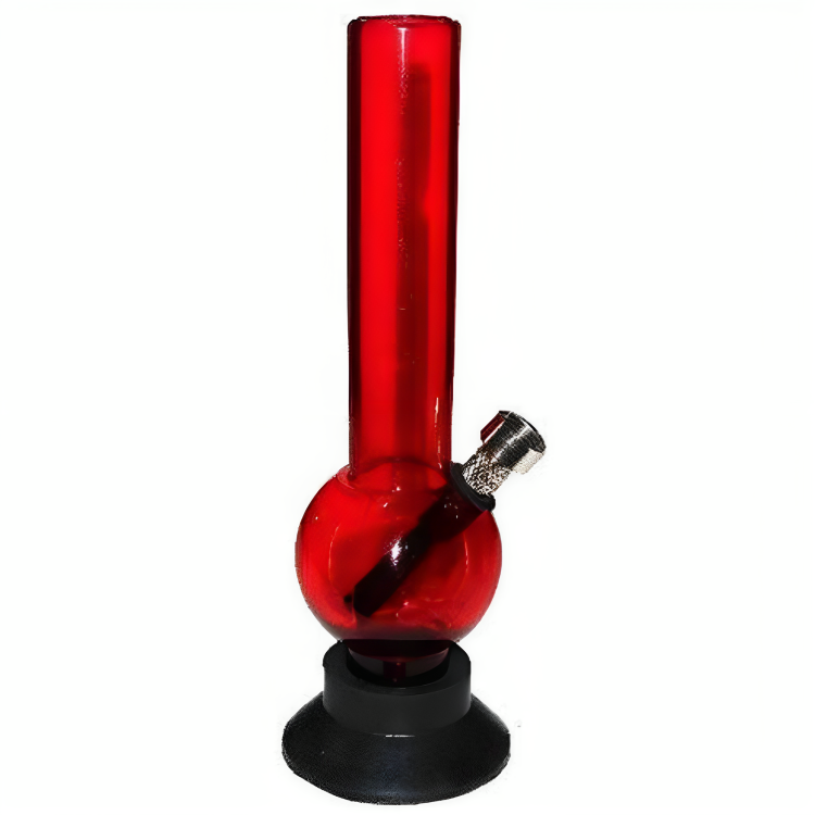a red glass bong with a black base