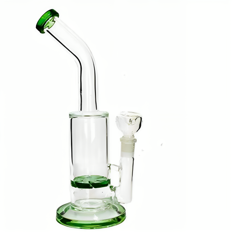 a glass bong with a green top