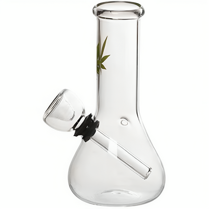 a glass bong with a leaf on it