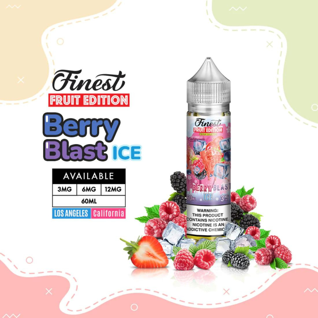 a bottle of e-liquid with berries and ice