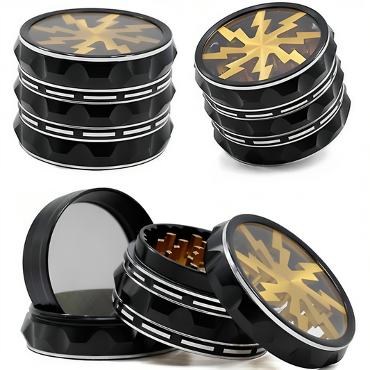 a stack of black and gold metal objects
