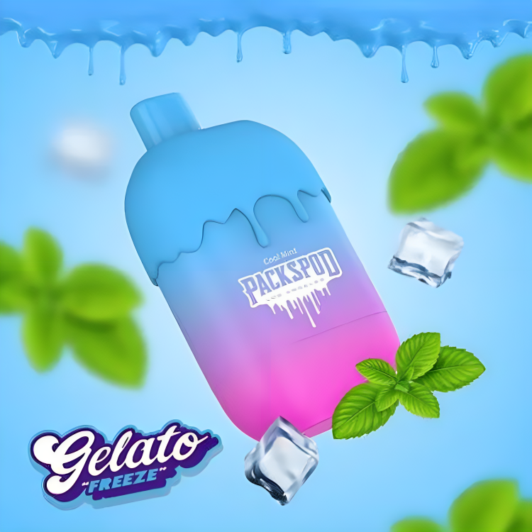 a blue and pink bottle with ice cubes and mint leaves