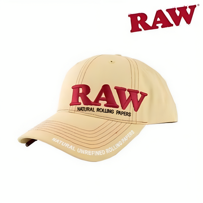 a beige hat with red text