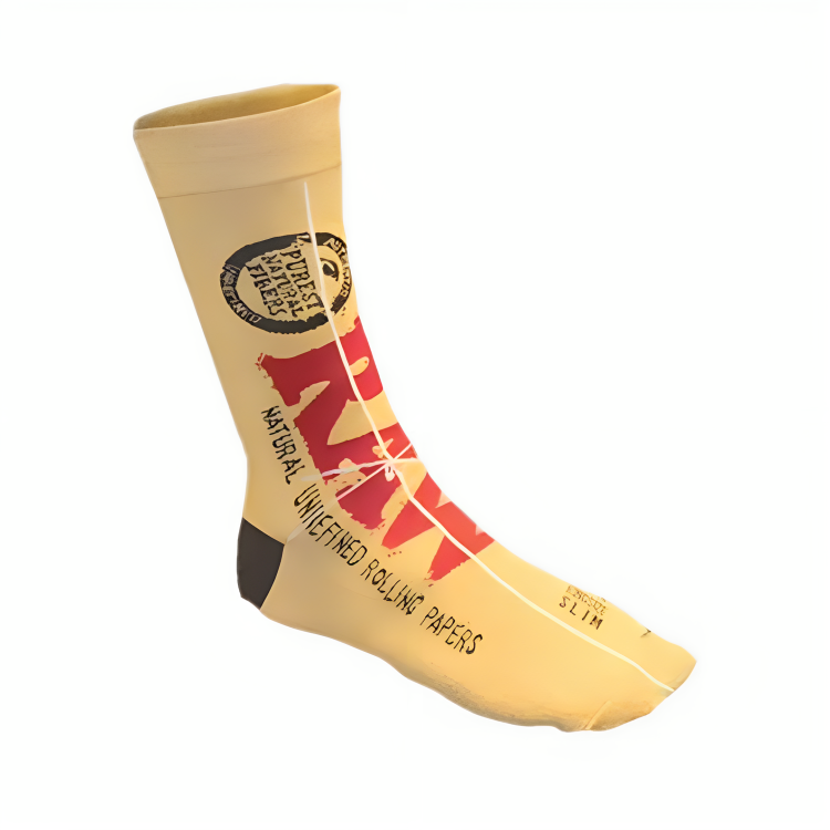 a yellow sock with red text on it