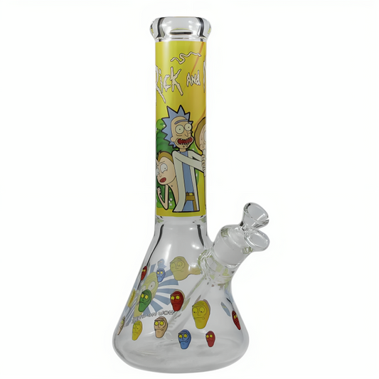 a glass bong with cartoon characters on it