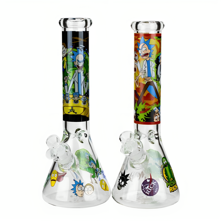 two glass bongs with cartoon characters on them