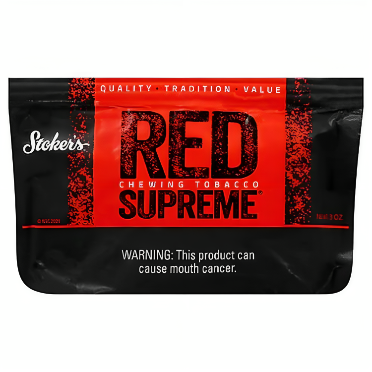 a black pouch red text on it