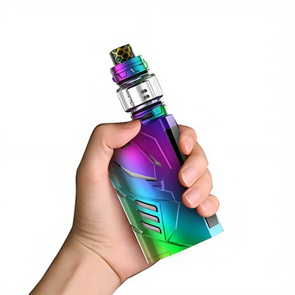 a hand holding a colorful vape device