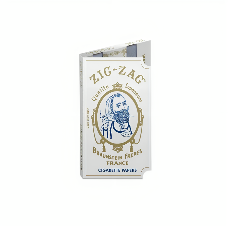 a white and gold box with a person smoking a cigarette