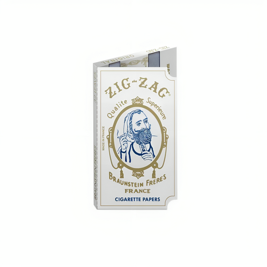 a white and gold box with a person smoking a cigarette