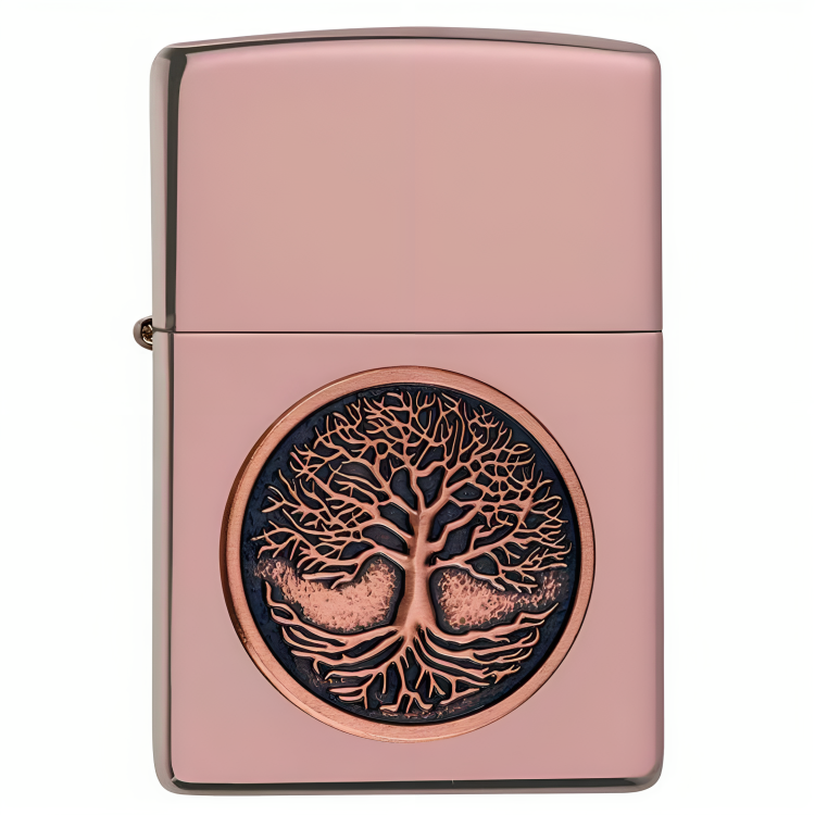 a pink lighter with a tree of life design