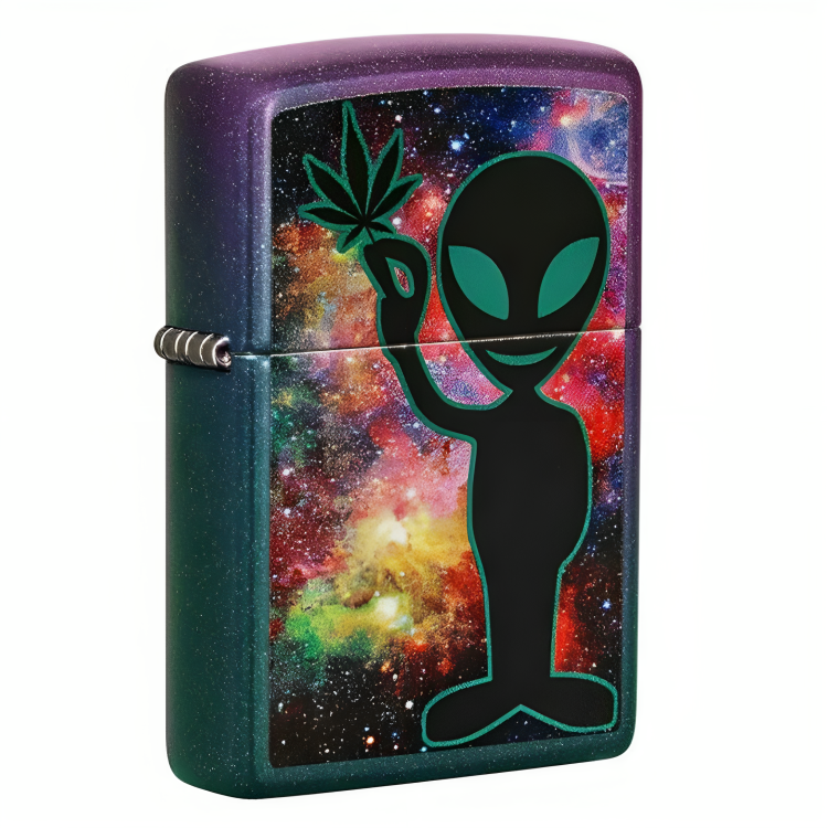 a lighter with a picture of a alien holding a leaf