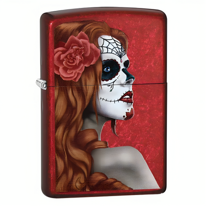 a red lighter with a person painted on it